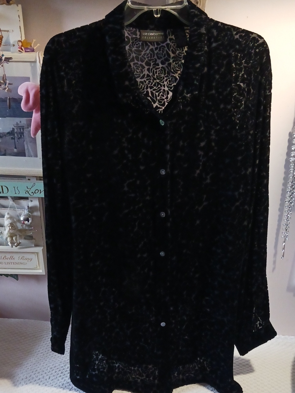 Liz Claiborne ⚜️ Black Velvet Floral Design Button Down Shirt/Dress 12 Elegant!